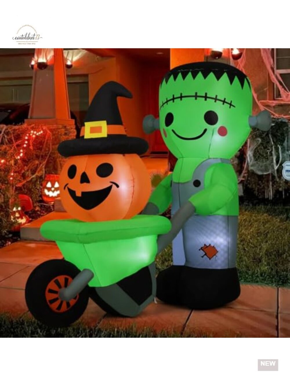 6.1FT Halloween Inflatable Frankenstein Pumpkin Cart Decoration with LED Lights